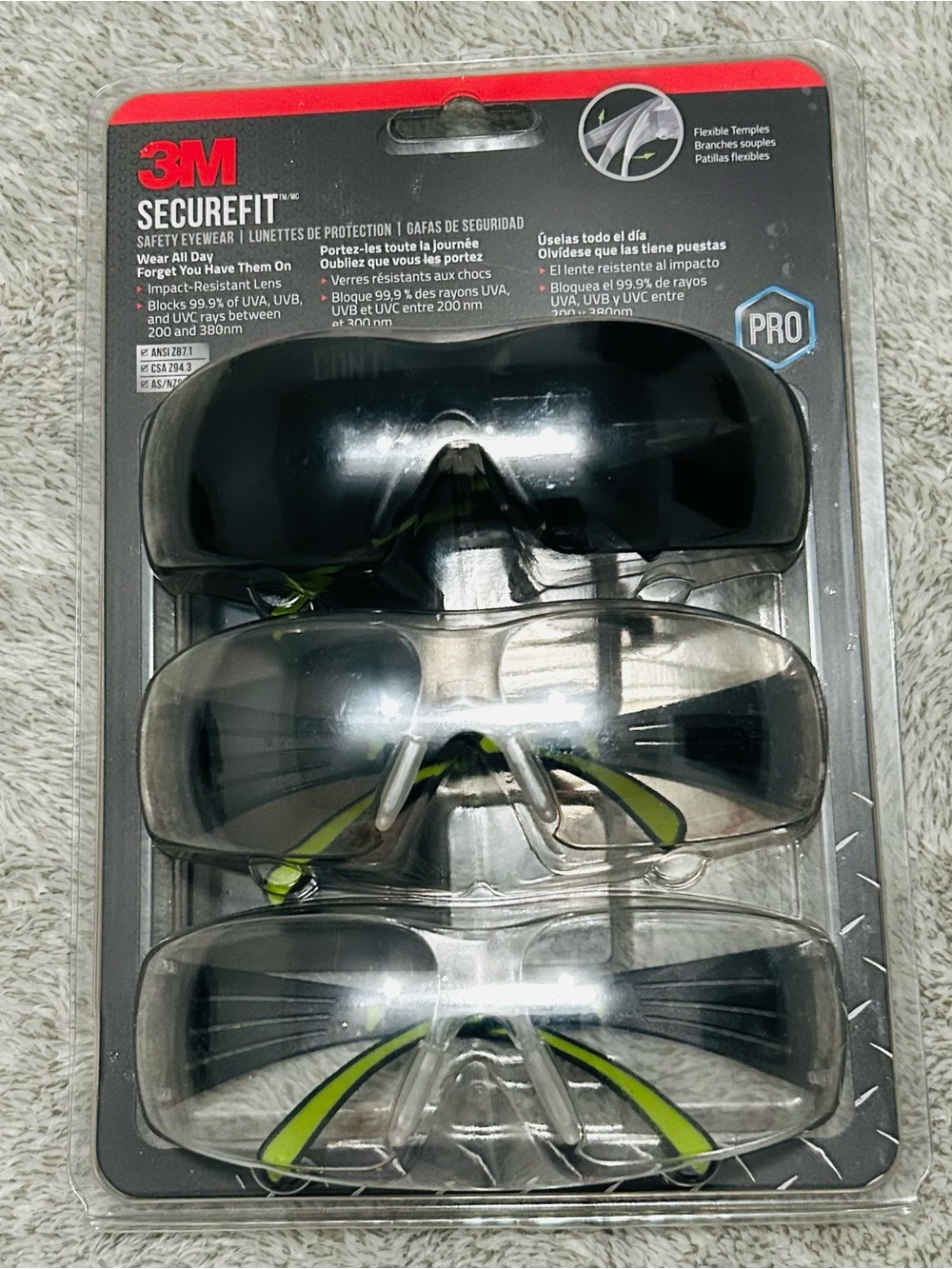 3M SecureFit Pro Safety Glasses 3-Pack Clear & Tinted Protective Eyewear NIP
